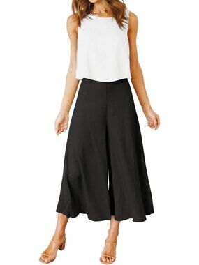 Women's Summer 2 Piece White Black Round Neck Crop Top Cropped Wide Leg Jumpsuit